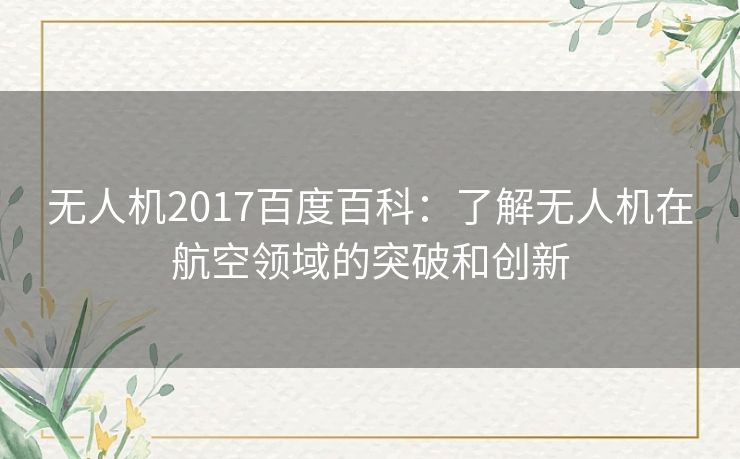 无人机2017百度百科：了解无人机在航空领域的突破和创新