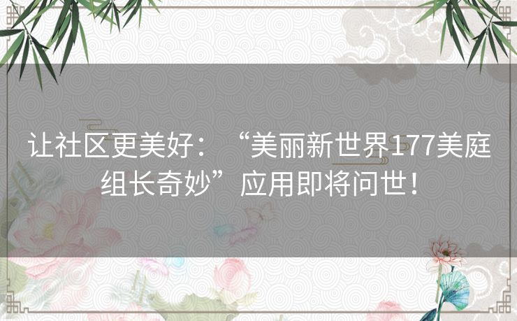 让社区更美好：“美丽新世界177美庭组长奇妙”应用即将问世！